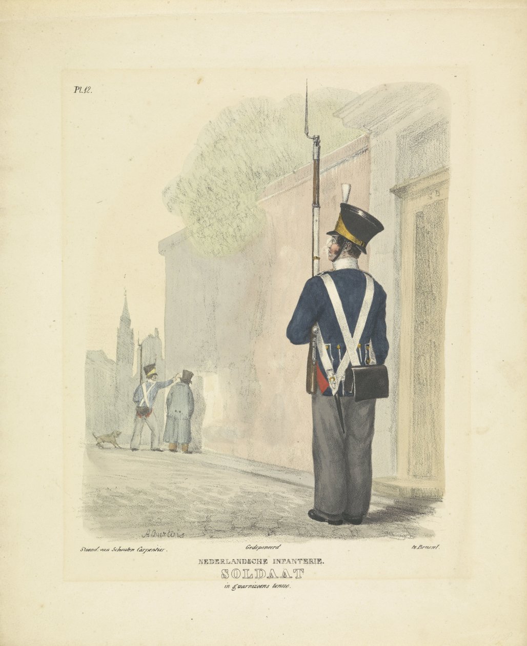 Żołnierz w stroju garnizonowym, 1820-1825 Piechota holenderska. Żołnierz w mundurze partyzanckim (tytuł na obiekcie) Stroje wojskowe Królestwa Niderlandów. Dedykowane Jego Ekscelencji Willemowi van Bylandtowi (tytuł serii na obiekcie) autorstwa A. Courtois