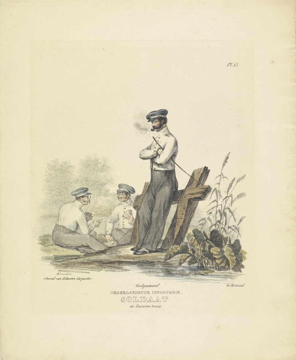 Żołnierz w koszarowym mundurze, 1820-1825 Piechota holenderska. Żołnierz w stroju Kaserne (tytuł na obiekcie) Stroje wojskowe Królestwa Niderlandów. Dedykowane Jego Ekscelencji Willemowi van Bylandtowi (tytuł serii na obiekcie) autorstwa A. Courtois