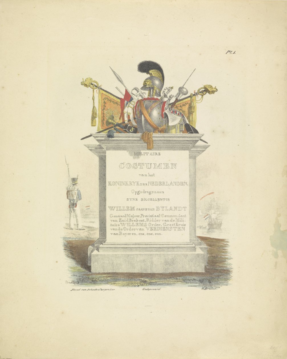 Druk tytułowy do serii mundurów Królestwa Niderlandów, 1820-1825 Stroje wojskowe Królestwa Niderlandów. Dedykowane Jego Ekscelencji Willemowi van Bylandtowi (tytuł serii na obiekcie) autorstwa A. Courtois