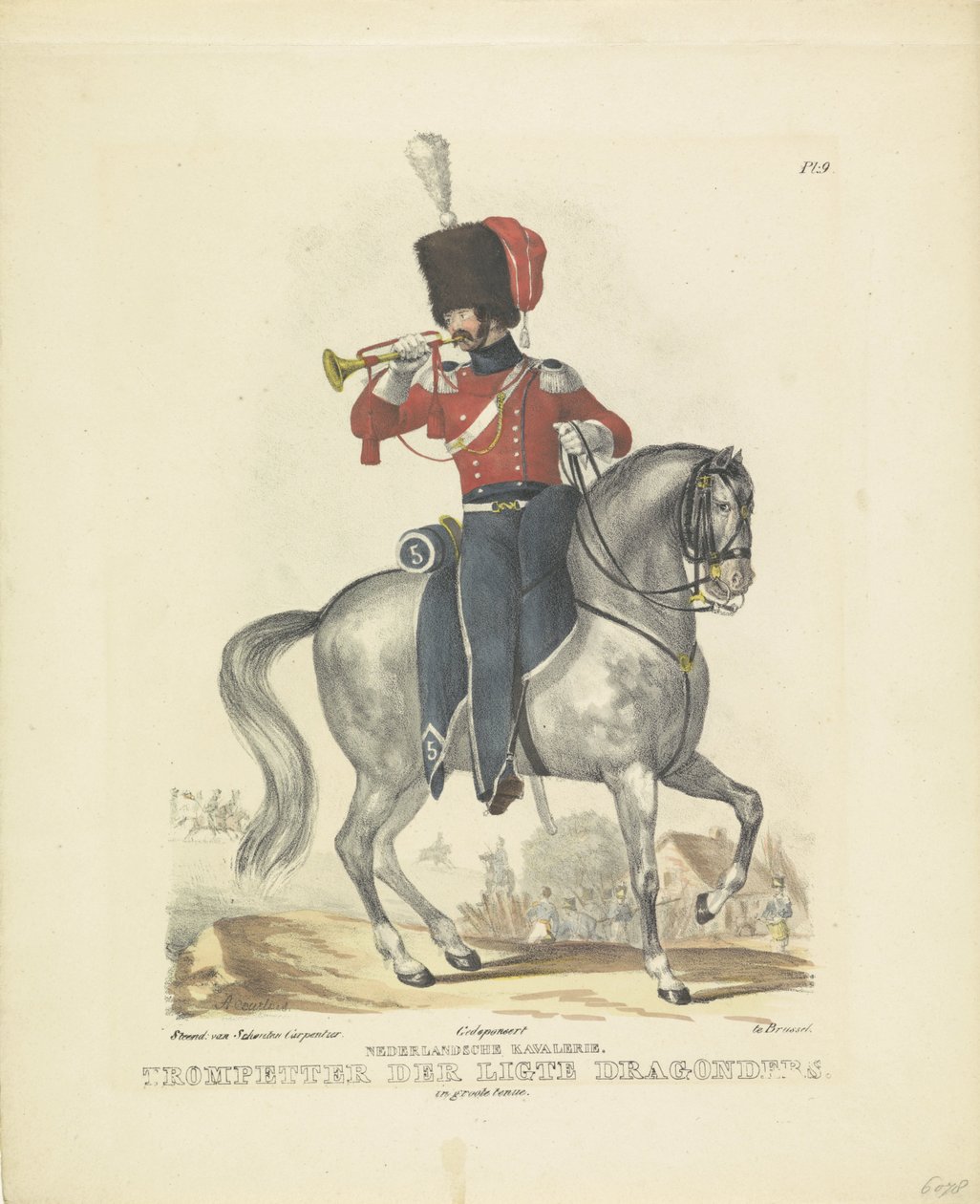 Trębacz w pełnym mundurze Trębacz w wielkim mundurze, 1820-1825 Holenderska kawaleria. Trębacz Smoków Ligte. w pełnym mundurze (tytuł na obiekcie) Stroje wojskowe Królestwa Niderlandów. Dedykowany Jego Ekscelencji Wilhelmowi B autorstwa A. Courtois