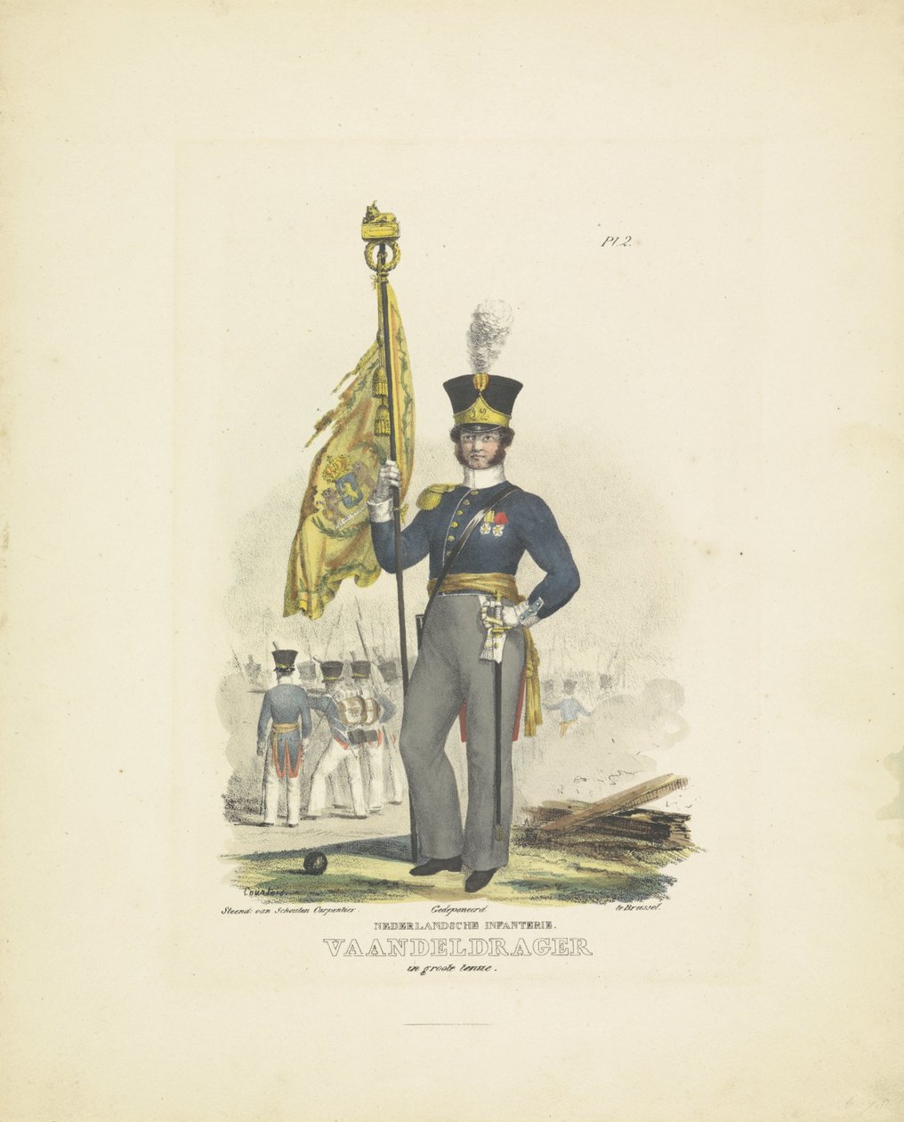 Chorąży w pełnym mundurze, 1820-1825 Piechota holenderska. Standardowy okaziciel w dużym mundurze (tytuł na obiekcie) Stroje wojskowe Królestwa Niderlandów. Dedykowane Jego Ekscelencji Willemowi van Bylandtowi (tytuł serii na obiekcie) autorstwa A. Courtois