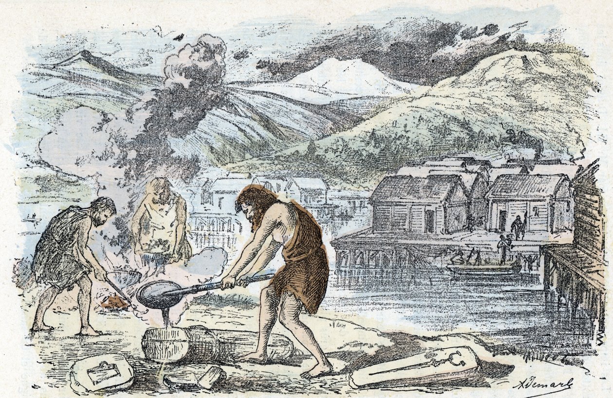 Prehistoria, epoka brązu: warsztat odlewniczy w pobliżu osady domów na palach Rycina z „” La nature et l