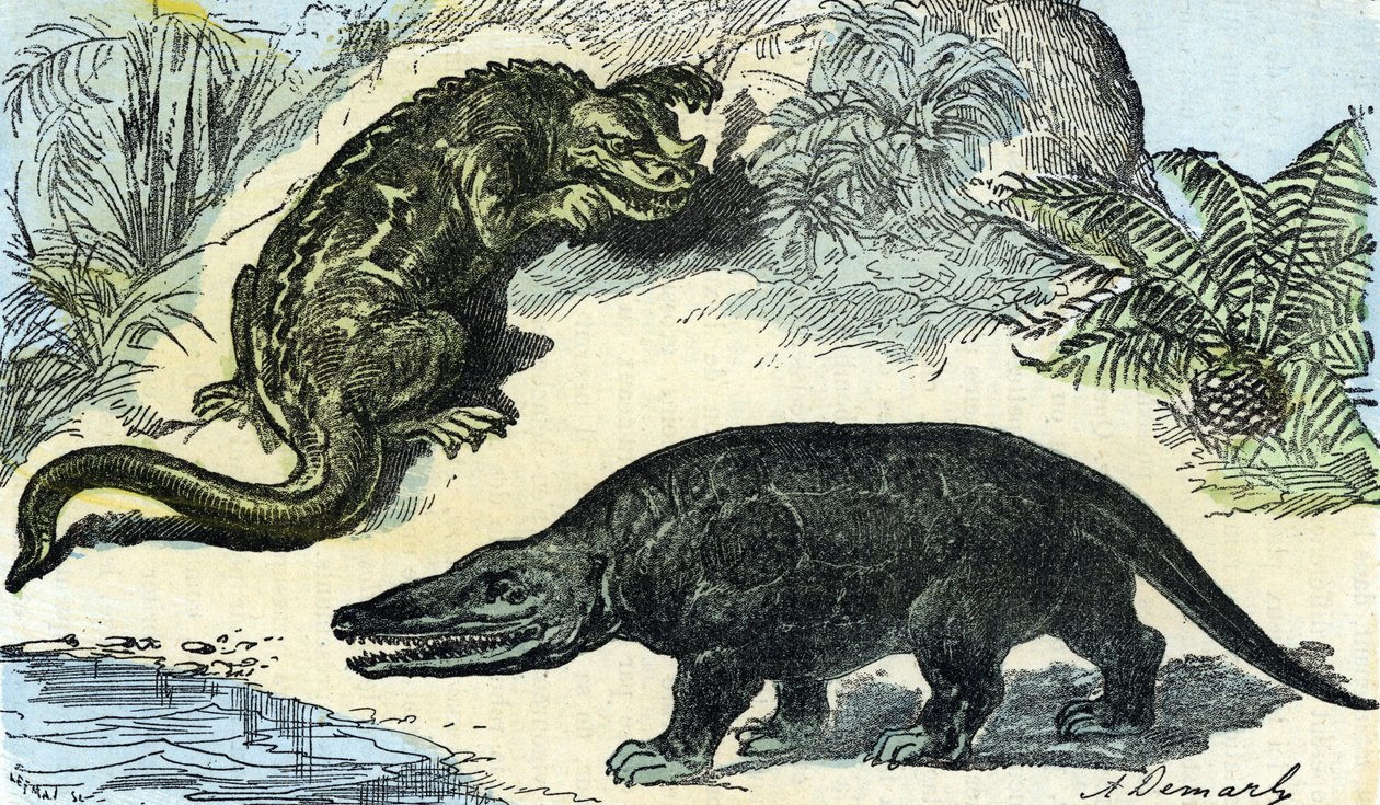 Prehistoria: przedstawienie iguanodona i megalozaura z okresu kredy autorstwa A. Demarle