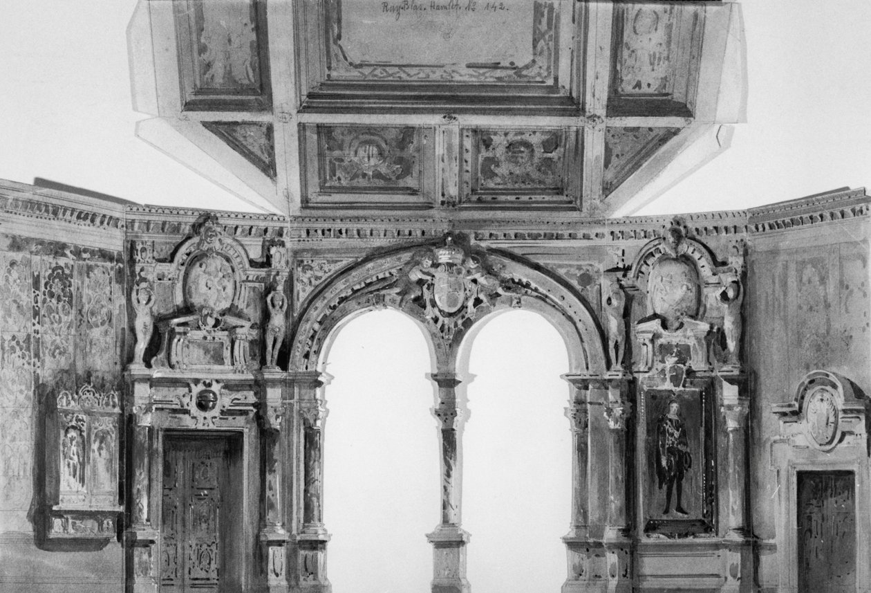 Scenografia dla Ruy Blas (1838) autorstwa Victora Hugo (1802-85), odrodzenie w Komedii Francuskiej w 1879 (wc na papierze) autorstwa A. Devred