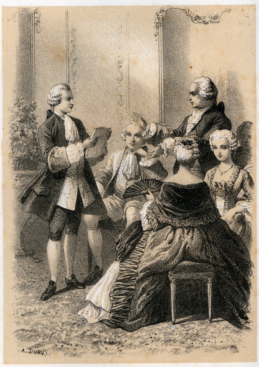 Antoine-Marin Lemierre czytający Hypermnestrę Jean-Baptiste Vivien de Chateaubrun, ilustracja z „Illustrations litteraires de la France, czyli galeria anegdotyczna naszych głównych autorów, namalowana ich czynami i pismami” J.B. Maigrota autorstwa A. Duruy