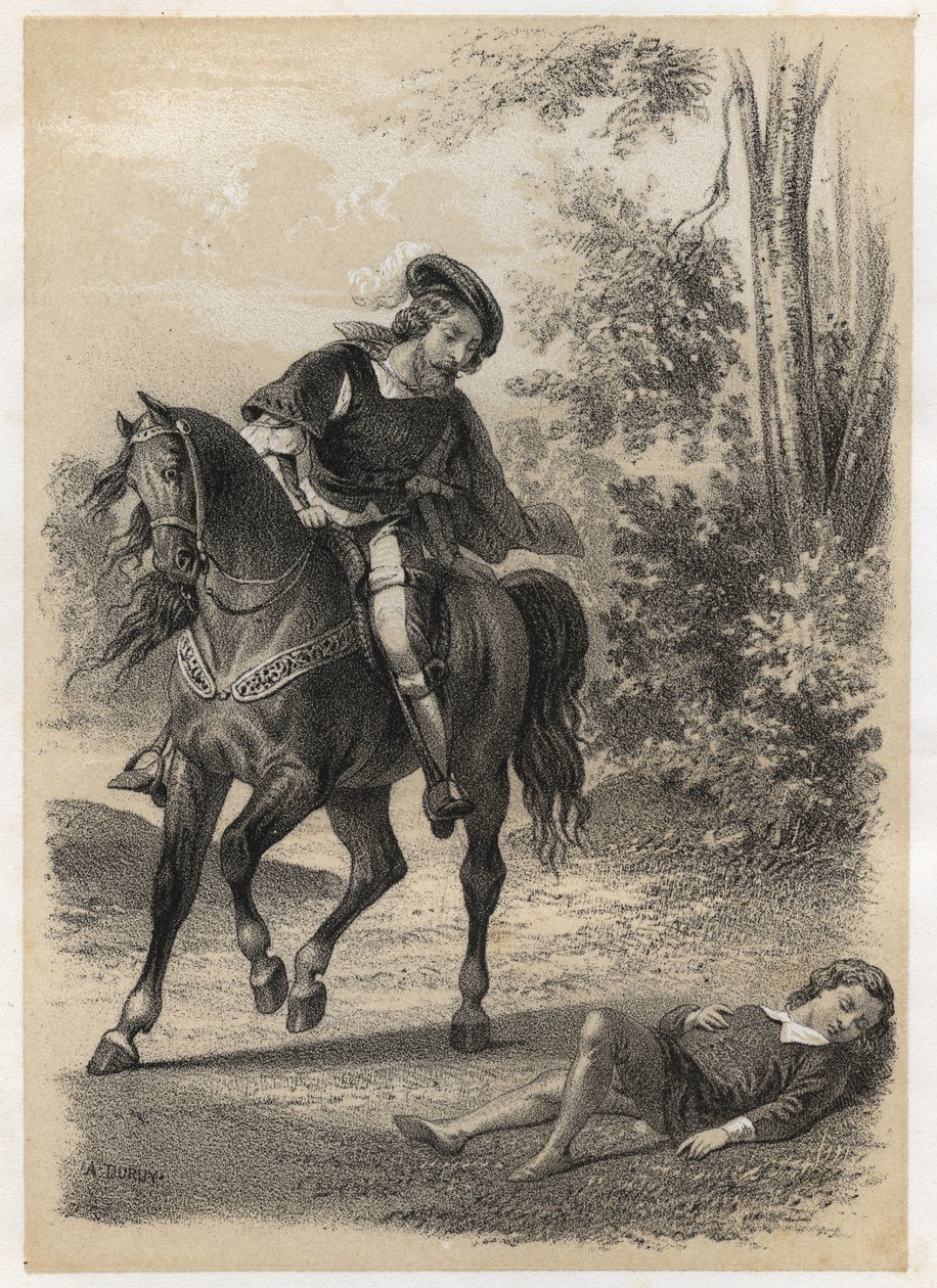Jacques Amyot (1513-1593), uratowany w wieku 10 lat przez podróżnika. Grawerowanie A. Duruy w „Ilustracjach literackich Francji”; lub Galeria anegdot naszych głównych autorów zainteresowanych ich działaniami i ich inskrypcjami” J.B. Maigrot. 1865. autorstwa A. Duruy
