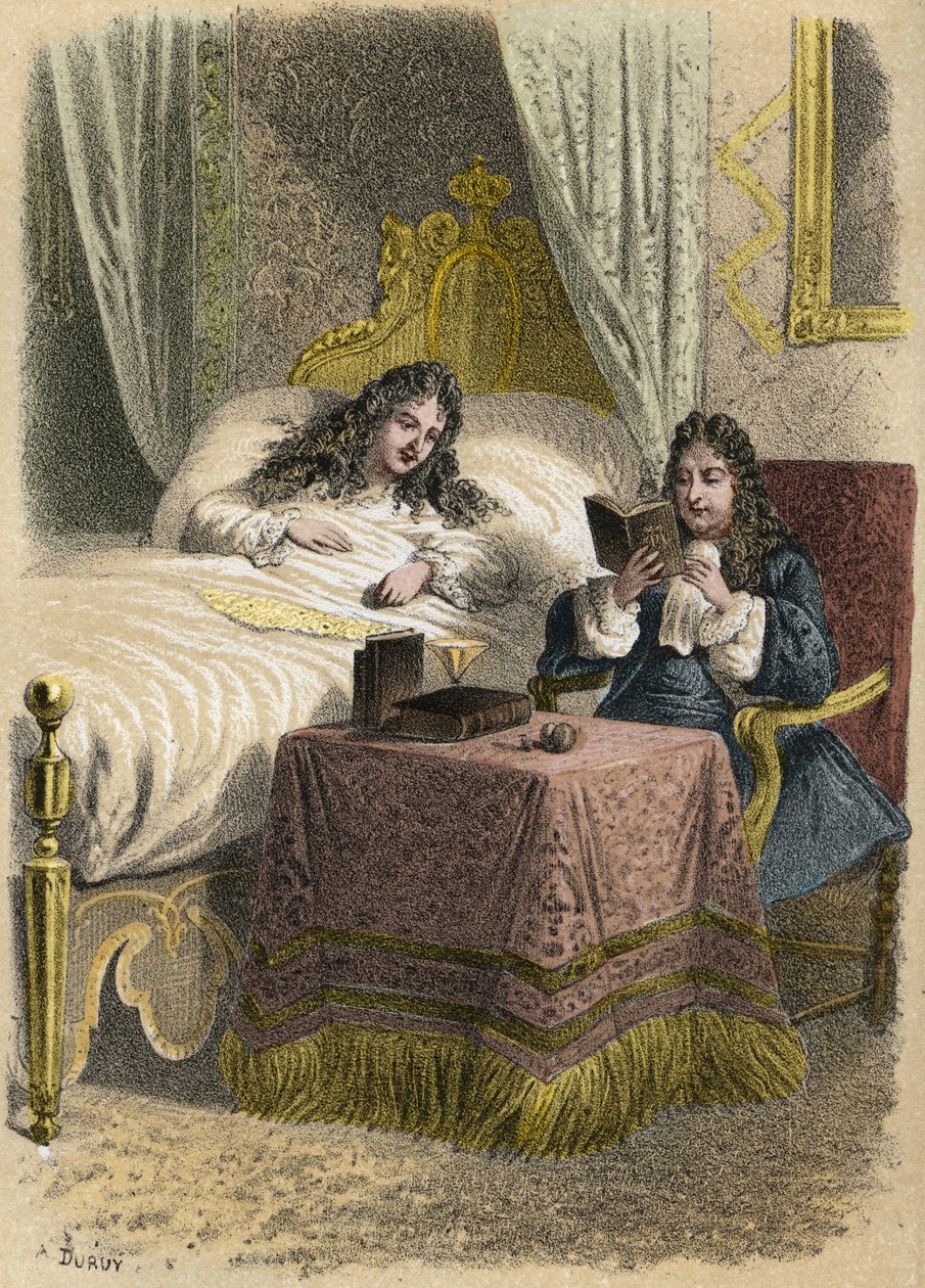 Ludwik XIV, król Francji, lubił słuchać, jak Jean Racine czytał i sprowadzał go, gdy był chory. Grawerowanie A. Duruy w „Ilustracjach literackich Francji”; złota, Anegdotyczna galeria naszych głównych autorów zainteresowanych ich czynami i ich inskrypcjami autorstwa A. Duruy