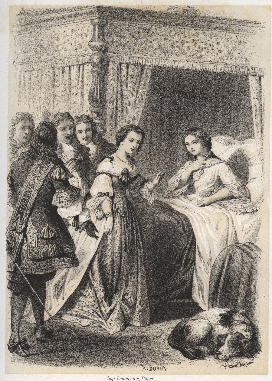 Madame Deshoulieres, Antoinette Ligier de La garde (1637-1694) przytłoczona pytaniami swojej świty po nocy spędzonej w strachu przed duchem. Grawerowanie A. Duruy w „”Illustration litteraires de la France; lub Galerie anegdotique de nos pr autorstwa A. Duruy