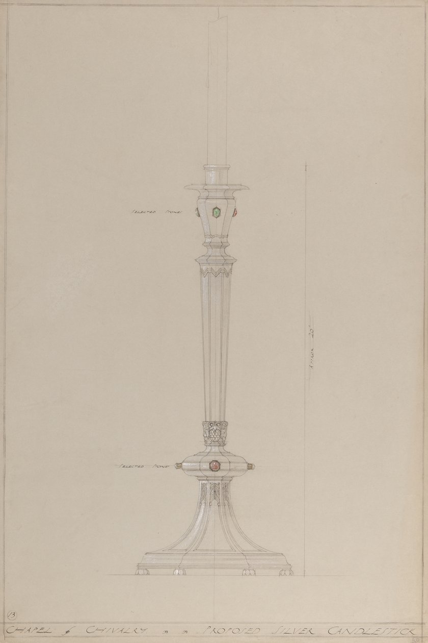 Kaplica Rycerska: proponowany srebrny świecznik (ołówek, atrament, pędzel, toaleta i srebrna farba na szarej karcie) autorstwa A. Edward Jones and Co.