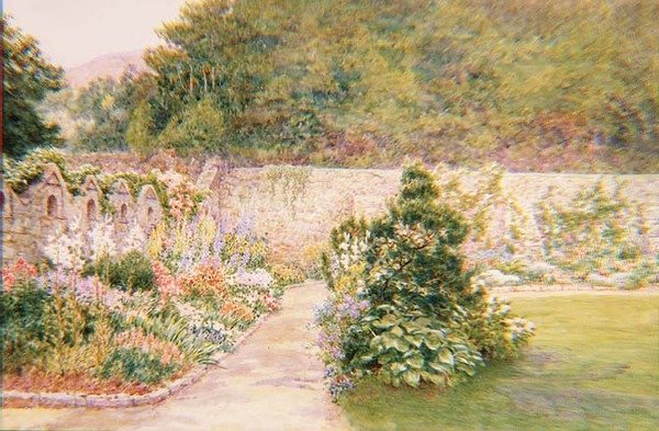 Ogród w Undermount, Bonchurch, Isle of Wight ze św. Bonifacem w oddali autorstwa A. Foord Hughes