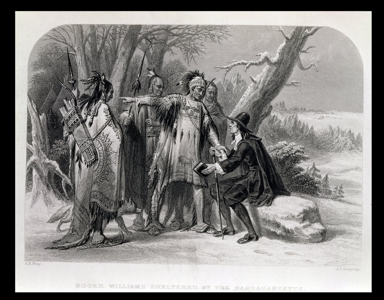 Roger Williams chroniony przez Narragansettów, 1636, z „Historii Stanów Zjednoczonych”, tom. I, Charles Mackay, grawerowane przez James Charles Armytage (c.1820-97) autorstwa A. H. Wray