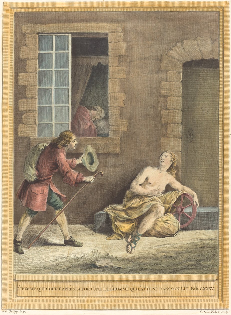 Człowiek, który zabiega o fortunę i człowiek, który śpi w łóżku autorstwa A. J. de Fehrt after Jean Baptiste Oudry