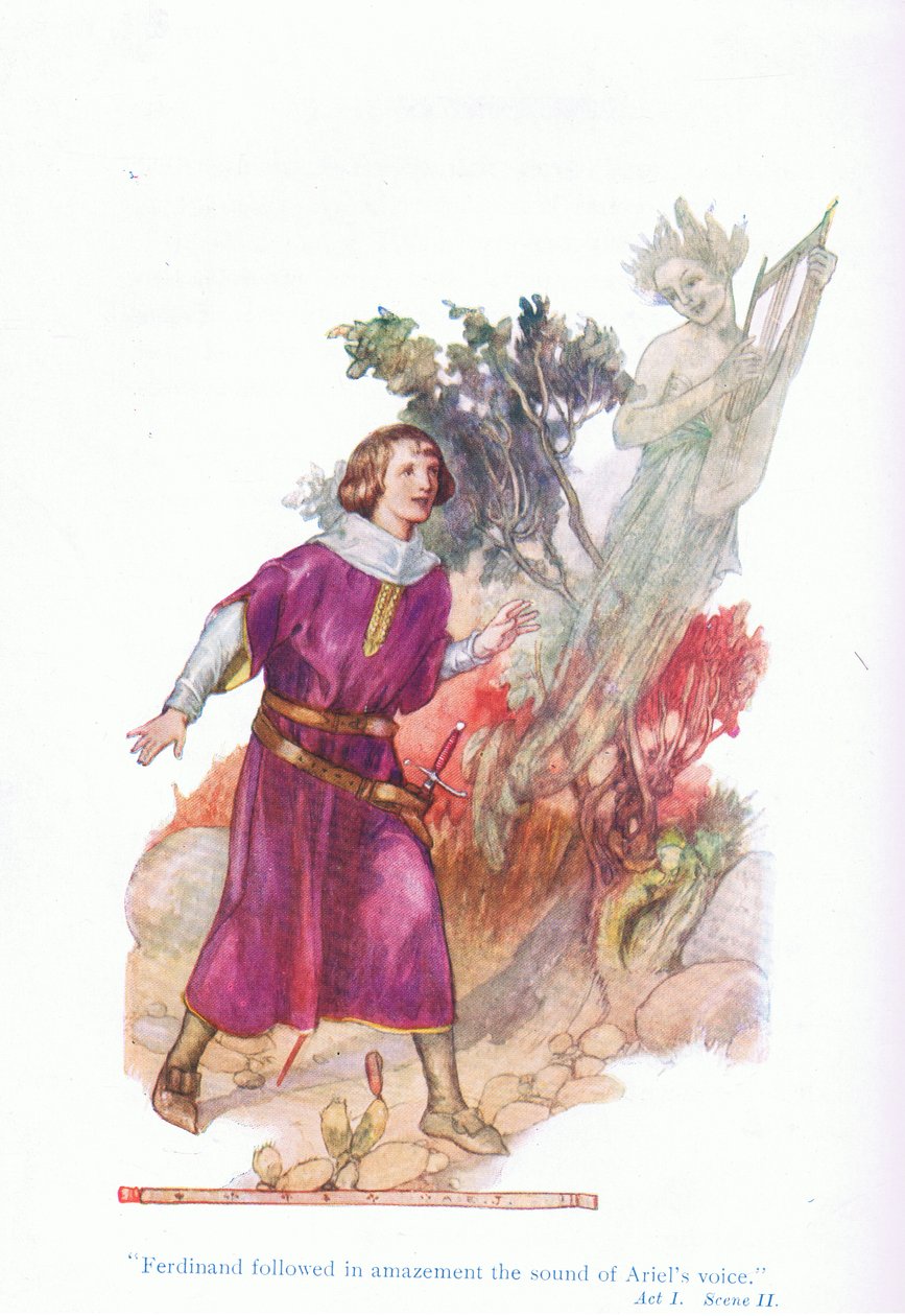 Ferdinand ze zdumieniem podążył za dźwiękiem głosu Ariela (Burza), z Opowieści z pubu Shakespeare. przez Ward Lock & Co Ltd autorstwa A. Jackson
