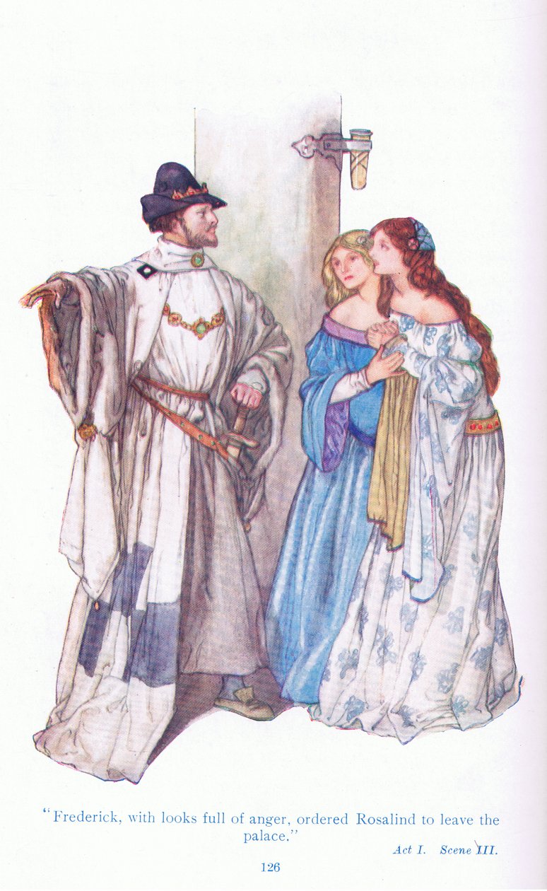 Fryderyk z gniewnymi spojrzeniami nakazał Rosalind opuścić pałac (Jak wam się podoba) z pubu Tales from Shakespeare. przez Ward Lock & Co Ltd autorstwa A. Jackson