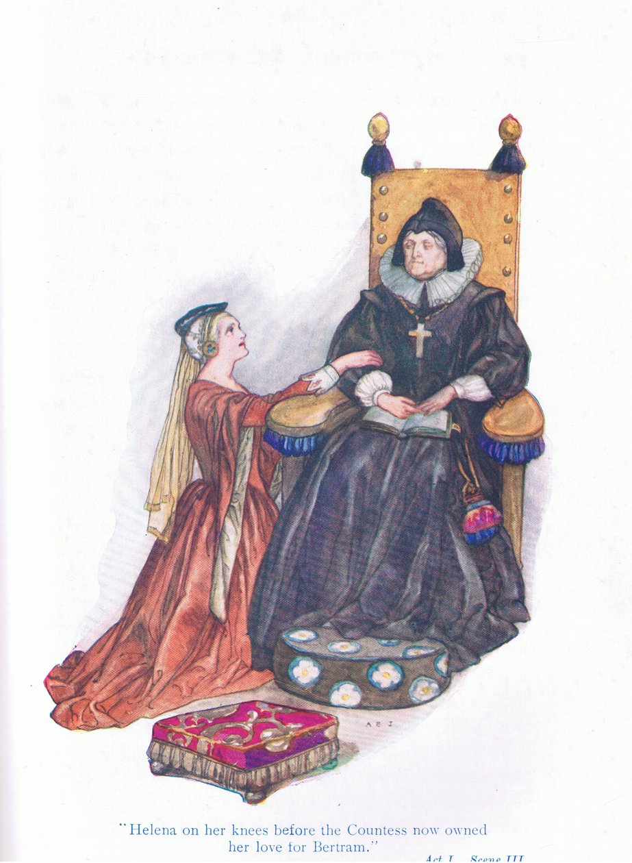 Helena na kolanach przed hrabiną miała teraz miłość do Bertrama (Wszystko dobre, co się dobrze kończy) z Opowieści z pubu Shakespeare. przez Ward Lock & Co Ltd autorstwa A. Jackson