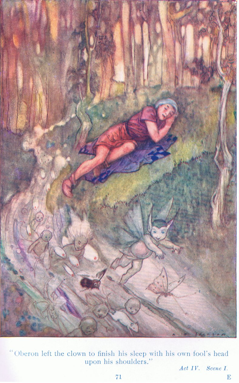 Oberon zostawił klauna, by dokończyć sen z głową głupca na ramionach (Sen nocy letniej), z Opowieści z pubu Shakespeare. przez Ward Lock & Co Ltd autorstwa A. Jackson