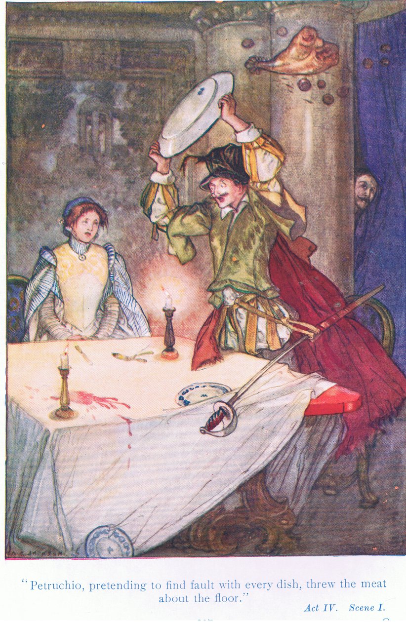 Petruchio, udając, że doznaje winy w każdym daniu, cisnął o podłogę mięsem (Poskromienie złośnicy) z pubu Tales from Shakespeare. przez Ward Lock & Co Ltd autorstwa A. Jackson