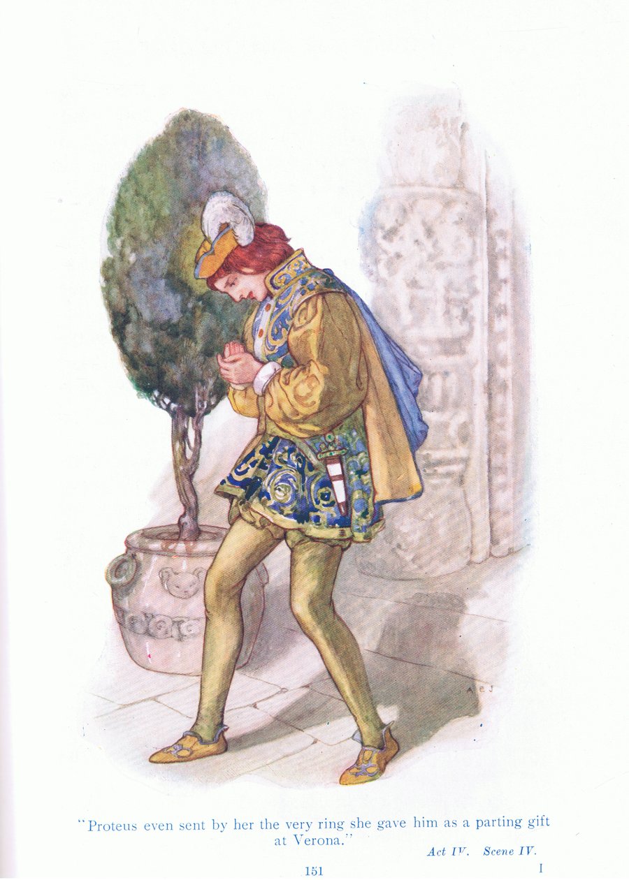 Proteus wysłał nawet przez nią ten sam pierścionek, który dała mu jako prezent pożegnalny w Veronie (Dwóch dżentelmenów z Werony), z pubu Tales from Shakespeare. przez Ward Lock & Co Ltd autorstwa A. Jackson