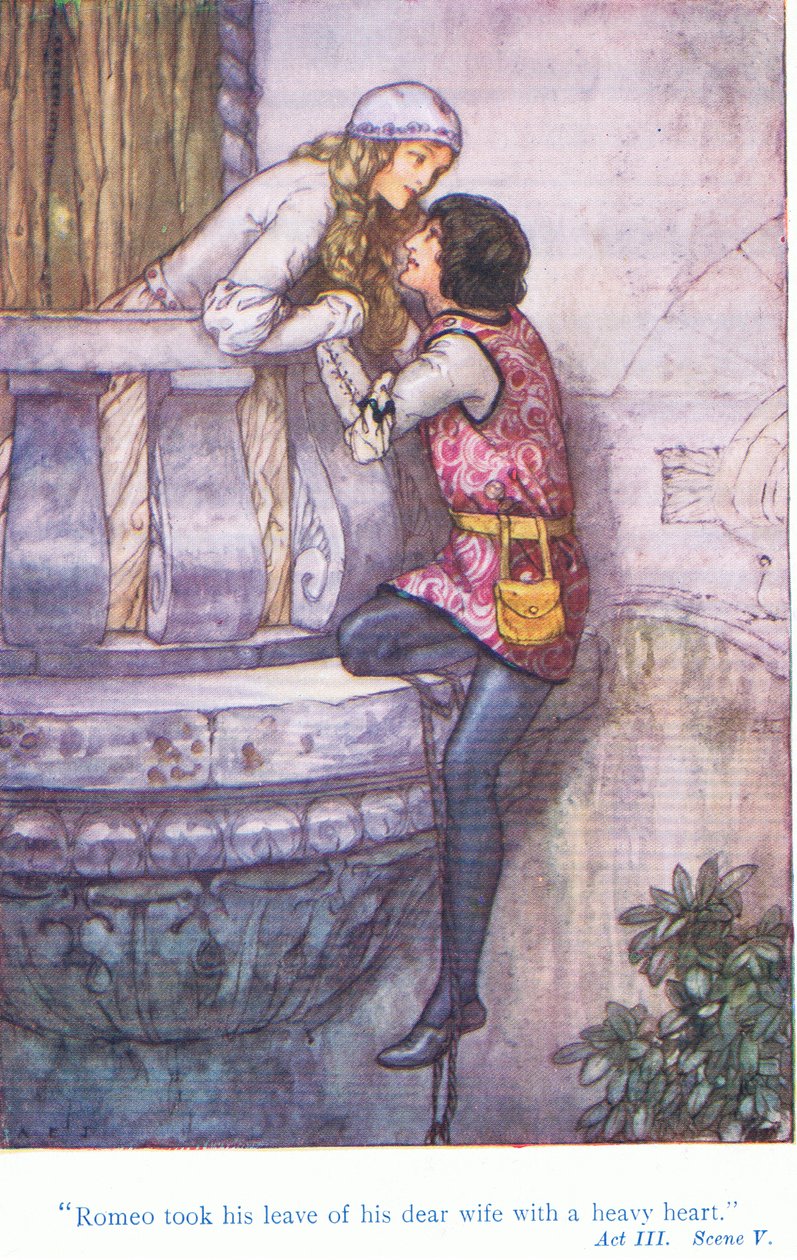 Romeo z ciężkim sercem pożegnał swoją ukochaną żonę (Romeo i Julia) z pubu Tales from Shakespeare. przez Ward Lock & Co Ltd autorstwa A. Jackson