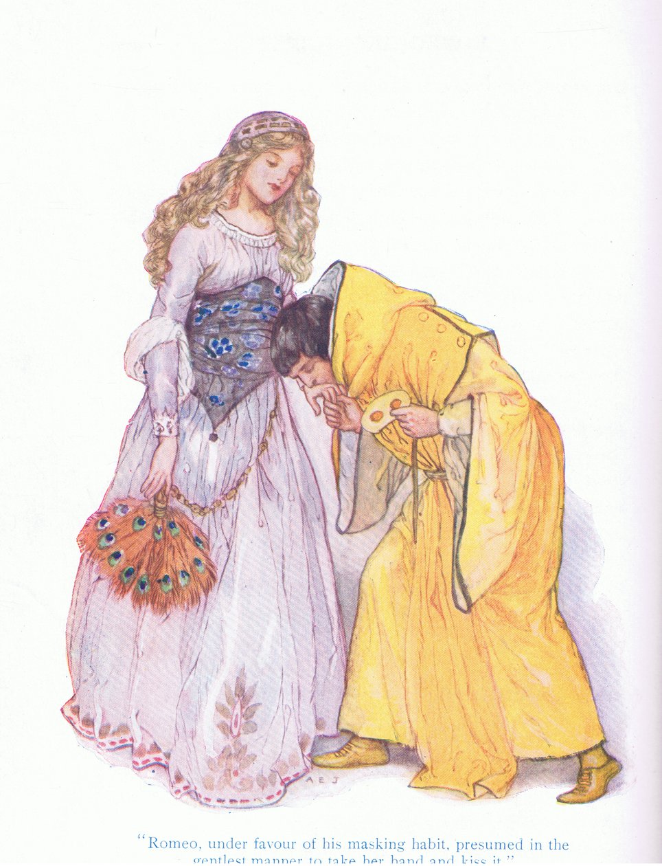 Romeo pod wpływem swojego maskującego habitu, przypuszczalnie w najdelikatniejszy sposób wziął ją za rękę i pocałował (Romeo i Julia), z Tales from Shakespeare pub. przez Ward Lock & Co Ltd autorstwa A. Jackson