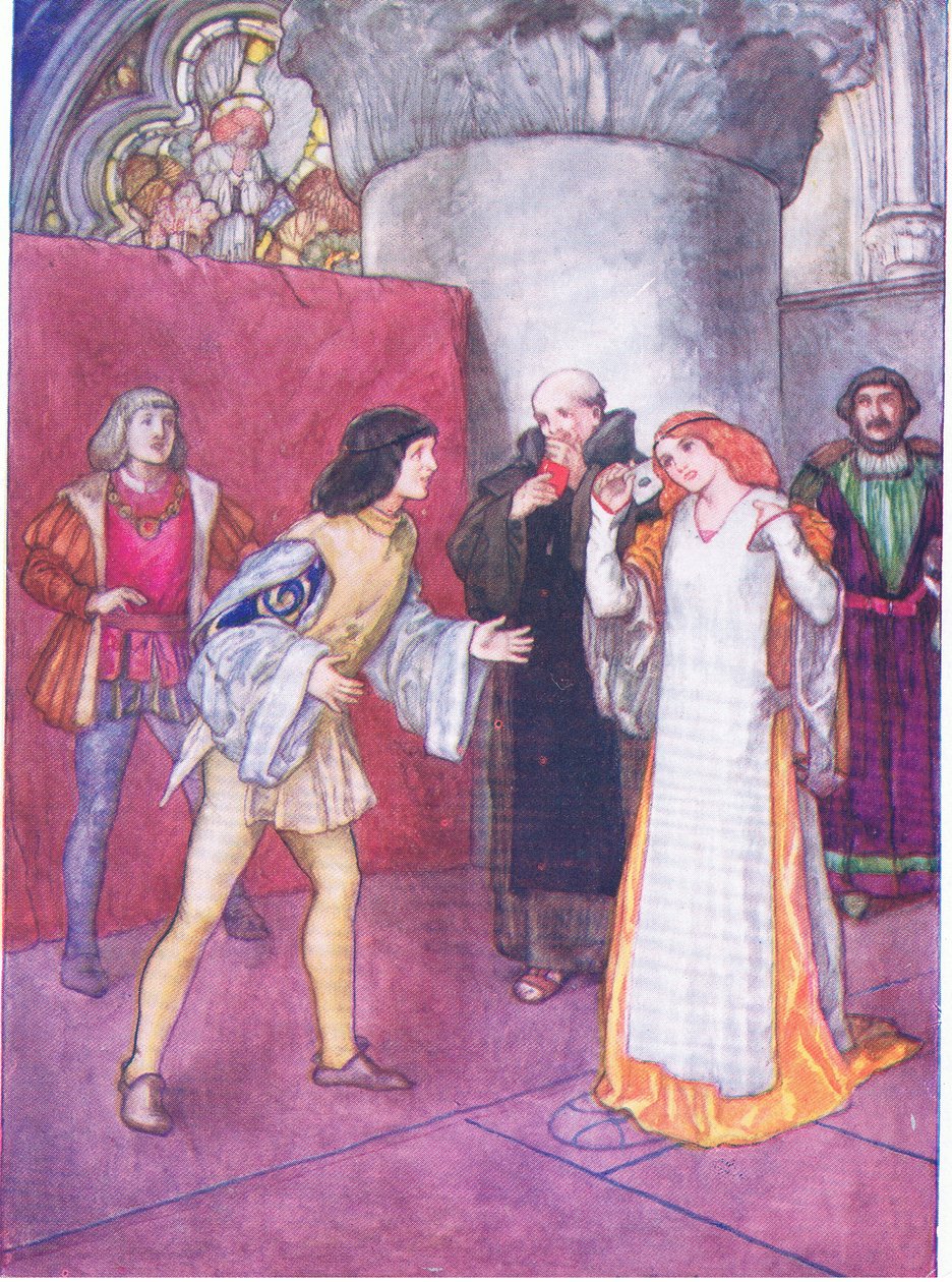 Zdejmując maskę, nieznana dama okazała się nie być siostrzenicą (jak to przedstawiła) sama bohaterka (Wiele hałasu o nic), z Tales from Shakespeare pub. przez Ward Lock & Co Ltd autorstwa A. Jackson