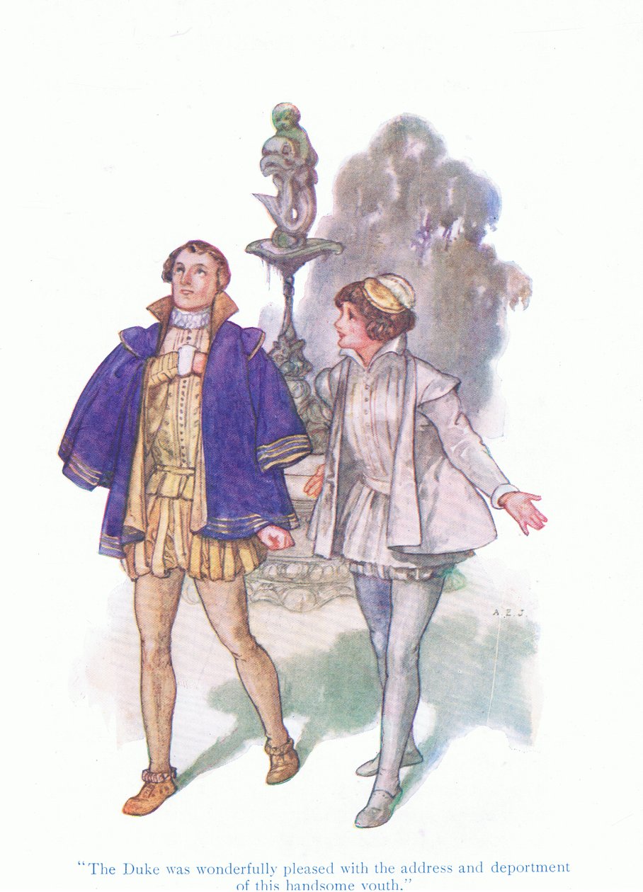 Książę był cudownie zadowolony z adresu i postawy tego przystojnego młodzieńca (Dwunasta Noc) z pubu Tales from Shakespeare. przez Ward Lock & Co Ltd autorstwa A. Jackson