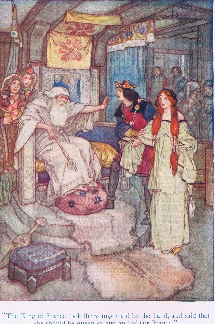 Król Francji wziął młodą pannę za rękę i powiedział, że powinna być jego królową i piękną Francją (Król Lear), z Tales from Shakespeare pub. przez Ward Lock & Co Ltd autorstwa A. Jackson