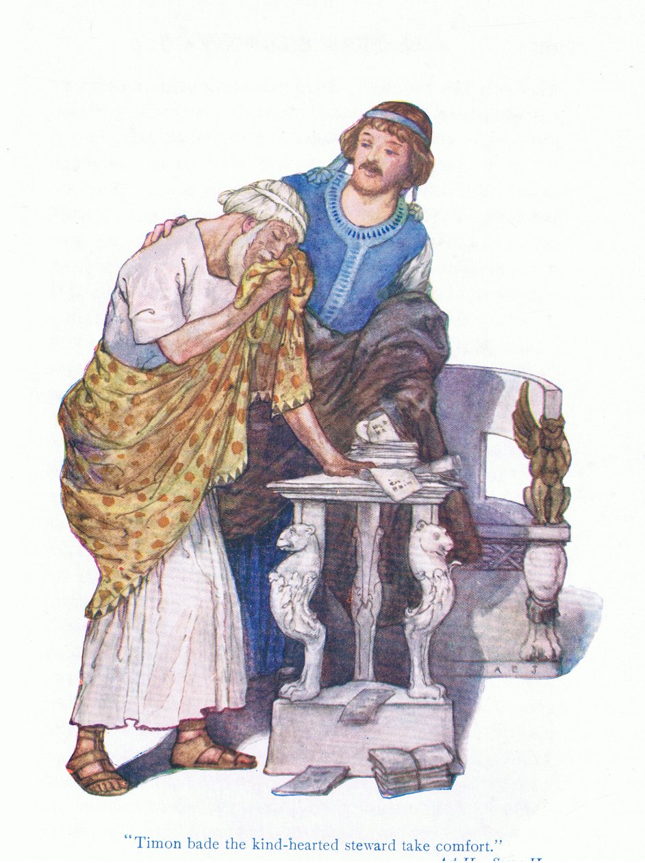 Timon poprosił życzliwego stewarda o pocieszenie (Timon z Aten) z Tales from Shakespeare pub. przez Ward Lock & Co Ltd autorstwa A. Jackson