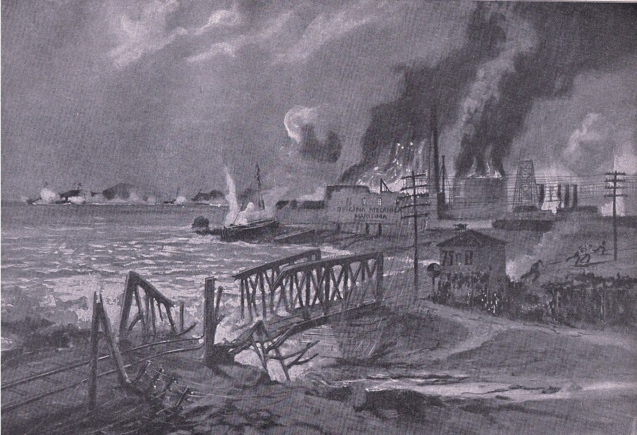 Zniszczenie stoczni w Bari (Włochy) przez austro-węgierskie niszczyciele torpedowe, z Ilustrowanej Historii Wojny Światowej 1914-1915 wyd. przez Union Berlagsefellfchaft autorstwa A. Kircher
