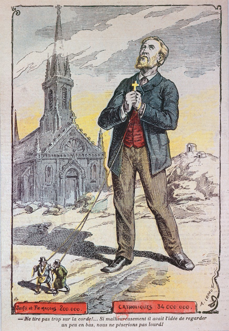 Karykatura z katolickiego czasopisma „Le Pelerin”, nawiązująca do polityki laicyzacji rządu francuskiego na początku XX wieku, ok. 1902-05 autorstwa A Lemot