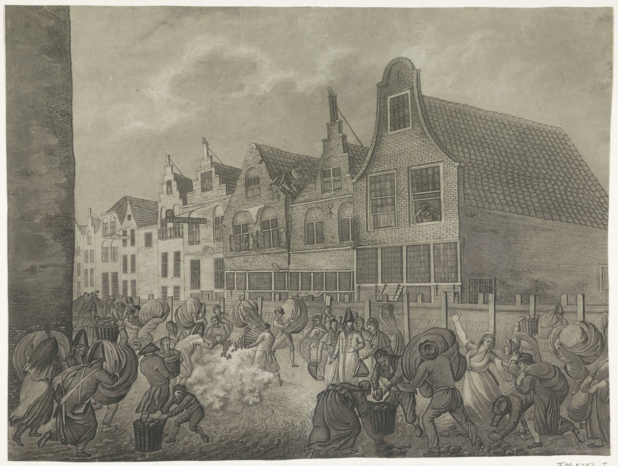 Zawalenie się szalunku wzdłuż Kortendijk w Gorinchem, 1809 Cztery tablice przedstawiające powódź w 1809 roku poświęcone królowi Ludwikowi Napoleonowi (tytuł serii) autorstwa A. Lutz
