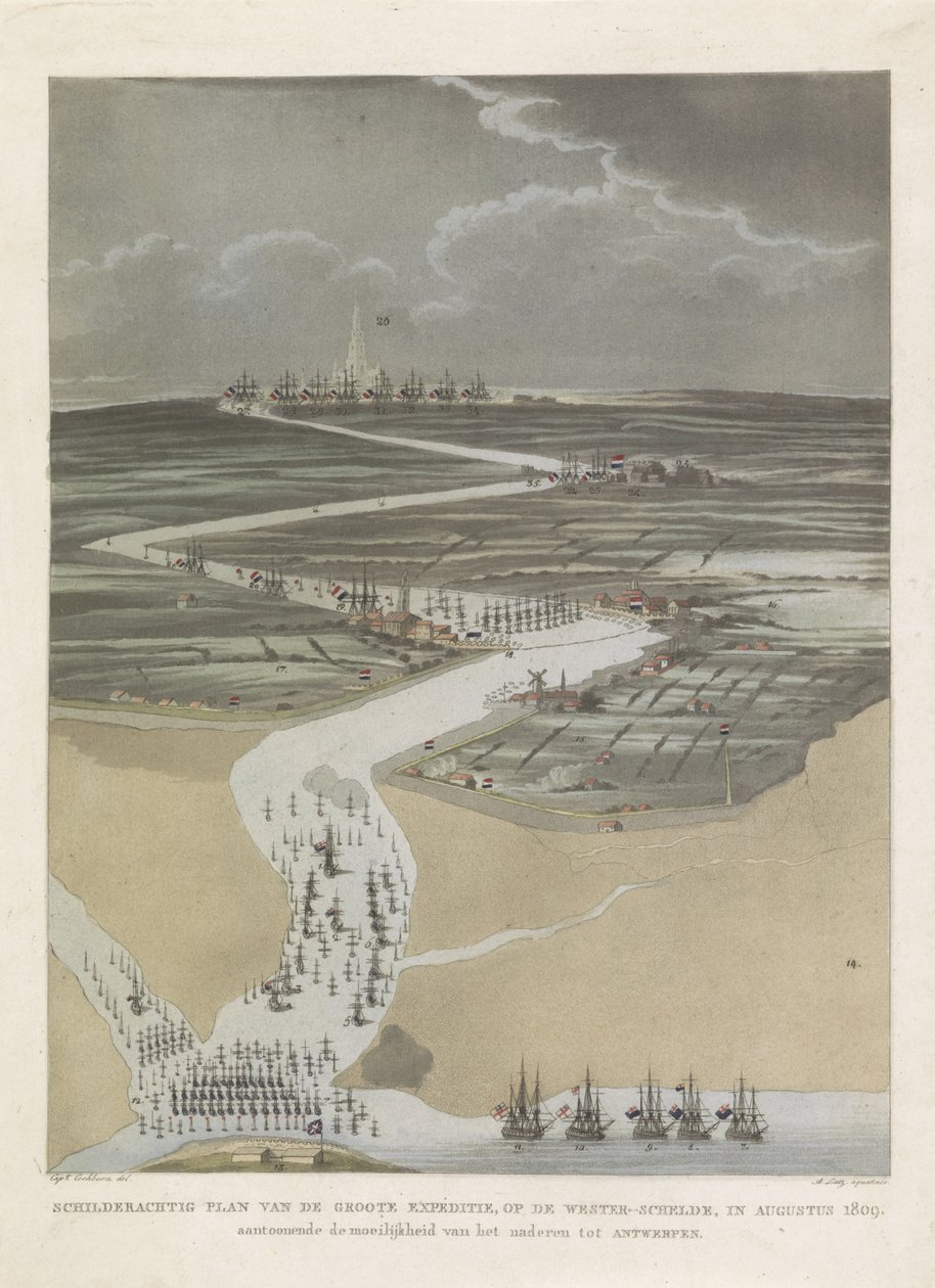 Brytyjska wyprawa do Antwerpii, 1809 Malowniczy plan wielkiej wyprawy na Skaldę Zachodnią w sierpniu 1809 r. ukazujący trudność dojścia do Antwerpii (tytuł na obiekcie) autorstwa A. Lutz