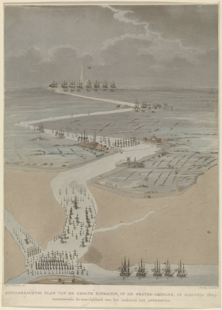 Widok z lotu ptaka na zachodnią Skaldę z flotą angielską, holenderską i francuską, 1809 Malowniczy plan wielkiej wyprawy na Skaldę Zachodnią w sierpniu 1809 r. (tytuł na obiekcie) autorstwa A. Lutz