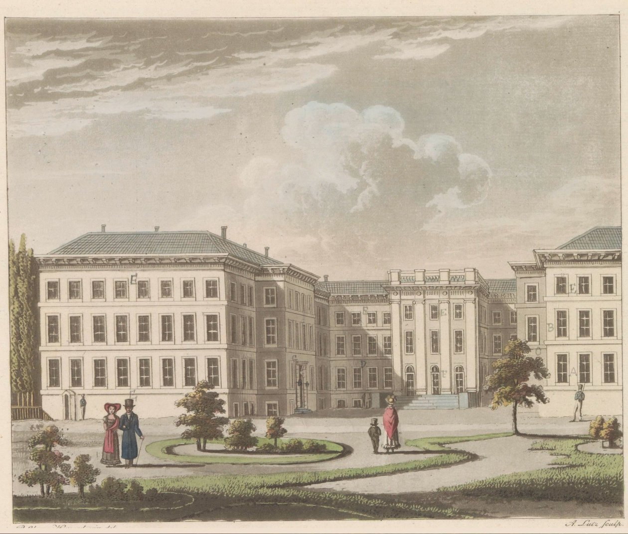 Pałac Noordeinde w Hadze, 1810-1825 Le Palais royal à La Haye, vu du jardin / Pałac Królewski w Hadze, widok od strony ogrodu (tytuł na obiekcie) autorstwa A. Lutz