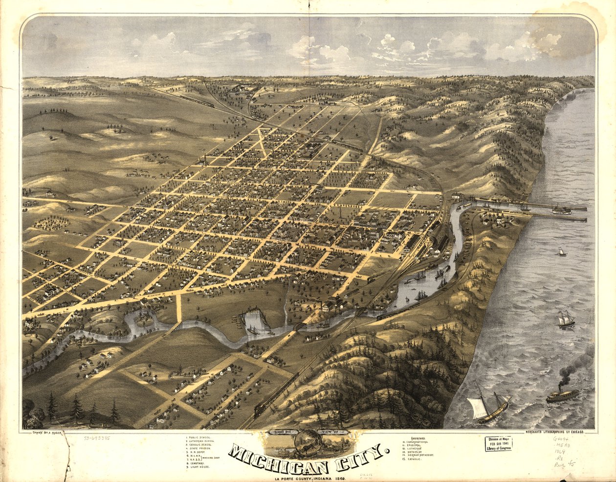 Widok z lotu ptaka na miasto Michigan, hrabstwo La Porte, Indiana autorstwa A.; MerchantS Lithographing Company Ruger
