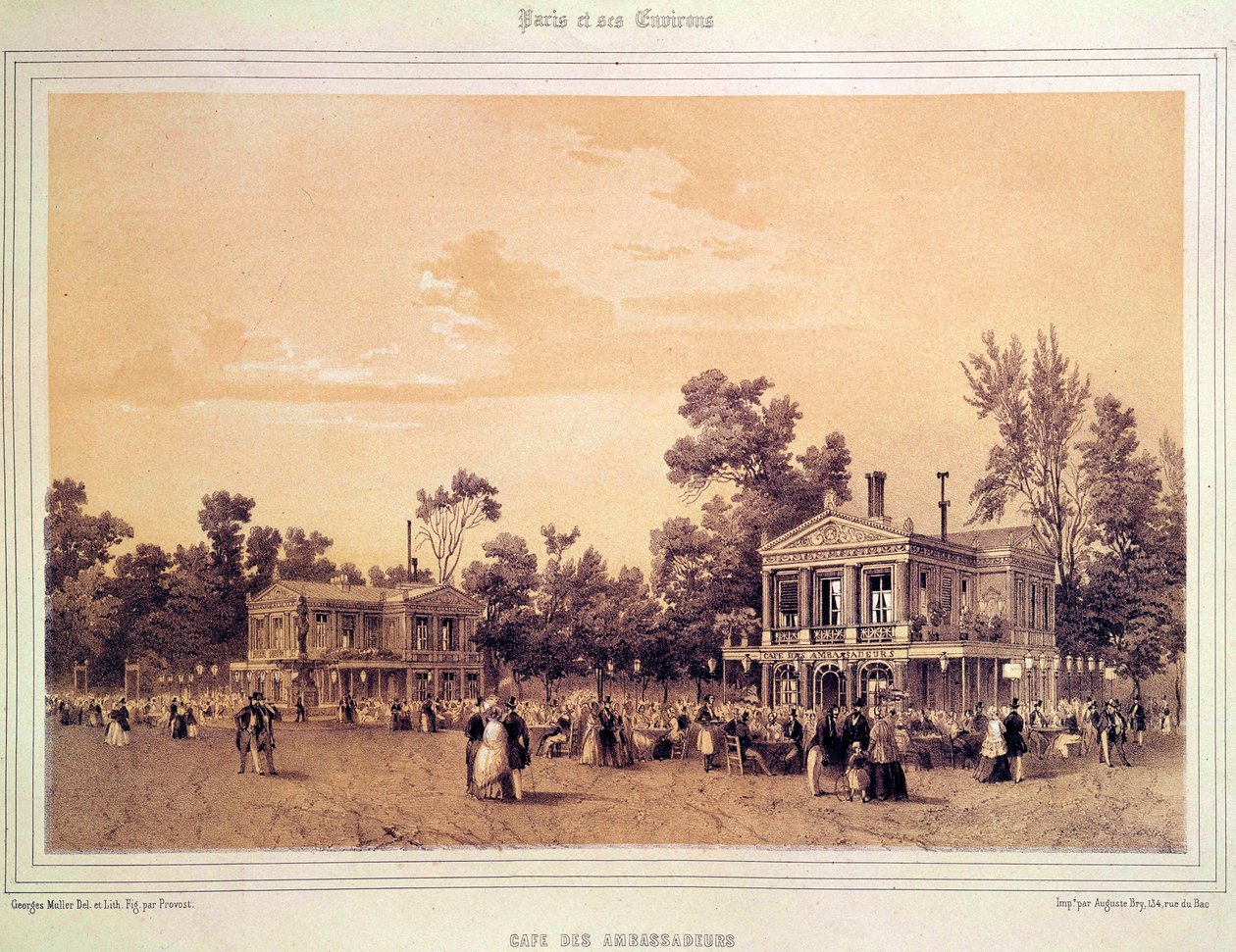 Widok na Cafe des Ambassadeurs na Polach Elizejskich w Paryżu Litografia A. proboszcza (czynnego ok. 1834-1855) Paryż, Musee Carnavalet autorstwa A Provost