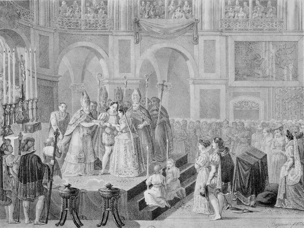 Ślub Henryka III (1553-1610) i Małgorzaty Francuskiej (1553-1615) w 1572, 1832 autorstwa A. Regnier