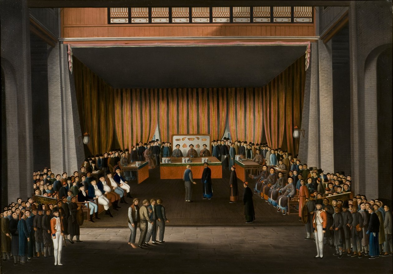 Chiński Trybunał Sprawiedliwości w sali fabryki brytyjskiej w Kantonie, 9 kwietnia 1807 r., ok. 1810 r. (olej na papierze) autorstwa A. Roland Knight