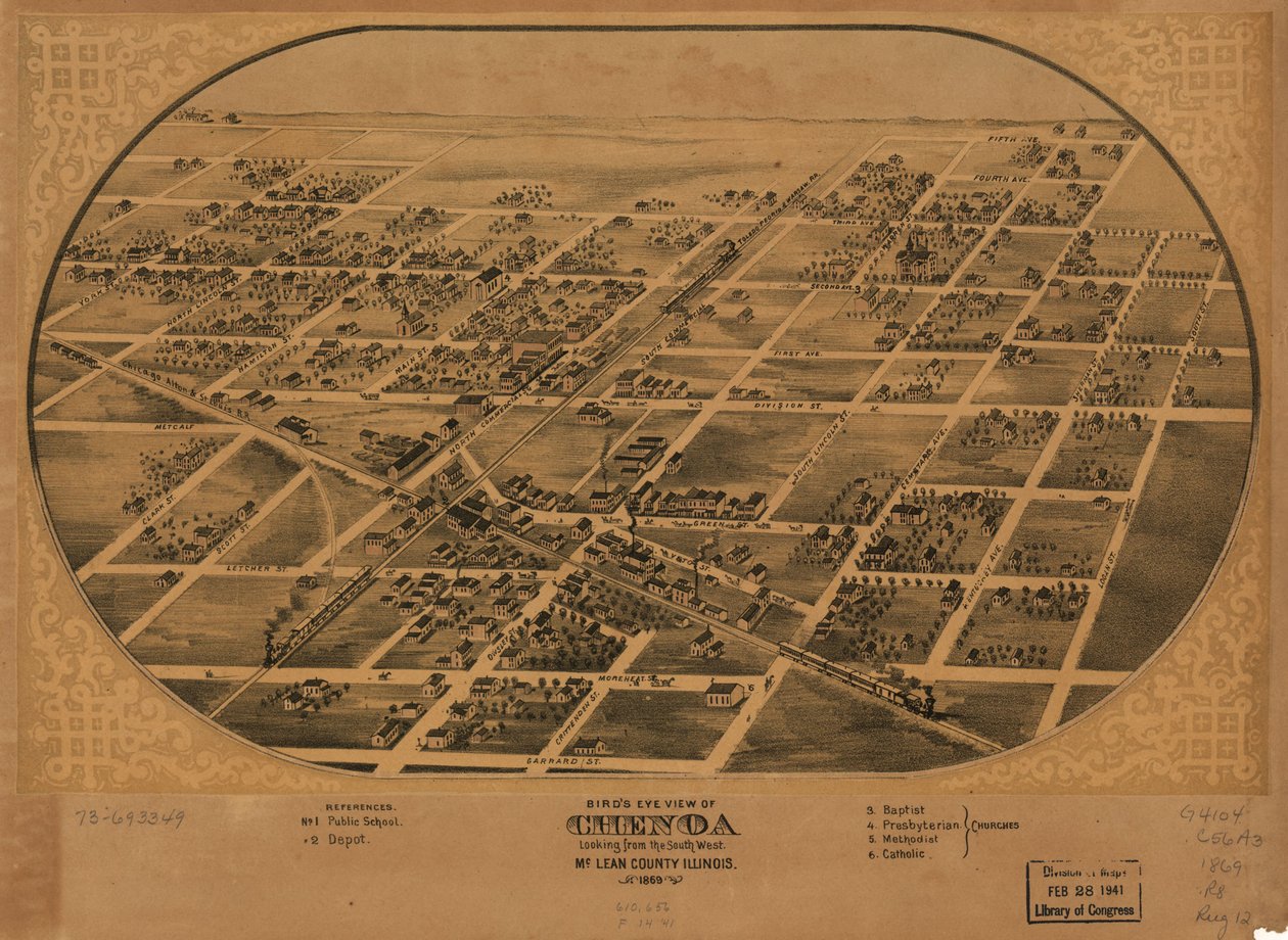 Widok Chenoa z lotu ptaka, hrabstwo McLean, Illinois, 1869 r. LOC 73693349 autorstwa A. Ruger