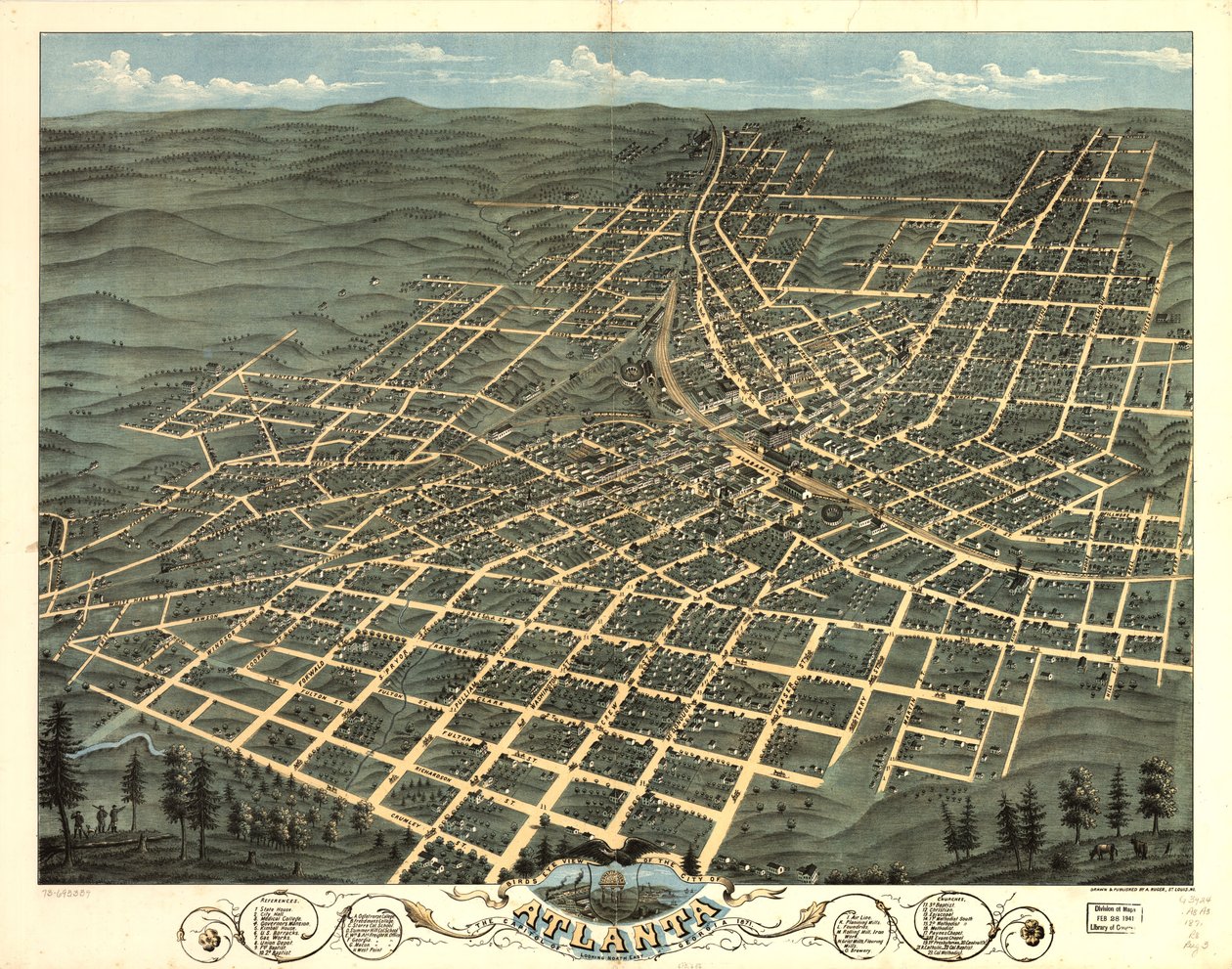 Widok z lotu ptaka na miasto Atlanta, stolicę stanu Georgia, 1871 r. LOC 73693339 autorstwa A. Ruger