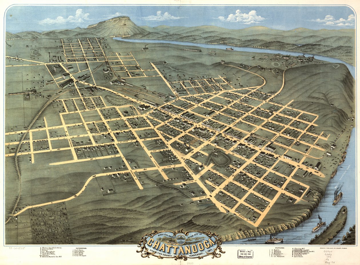 Widok z lotu ptaka na miasto Chattanooga, hrabstwo Hamilton, Tennessee 1871. autorstwa A. Ruger