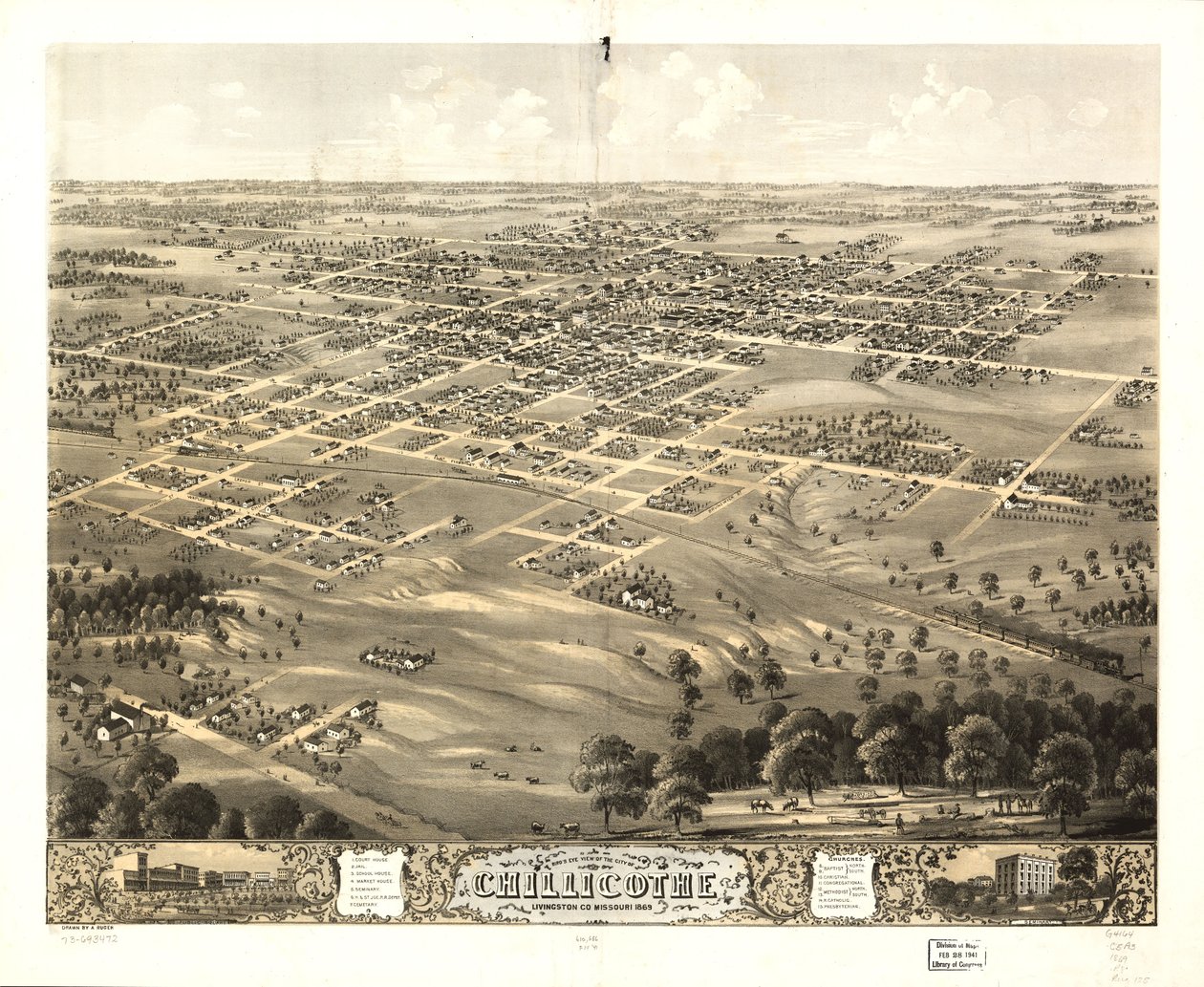 Widok z lotu ptaka na miasto Chillicothe, Livingston Co., Missouri, 1869. LOC 73693472 autorstwa A. Ruger