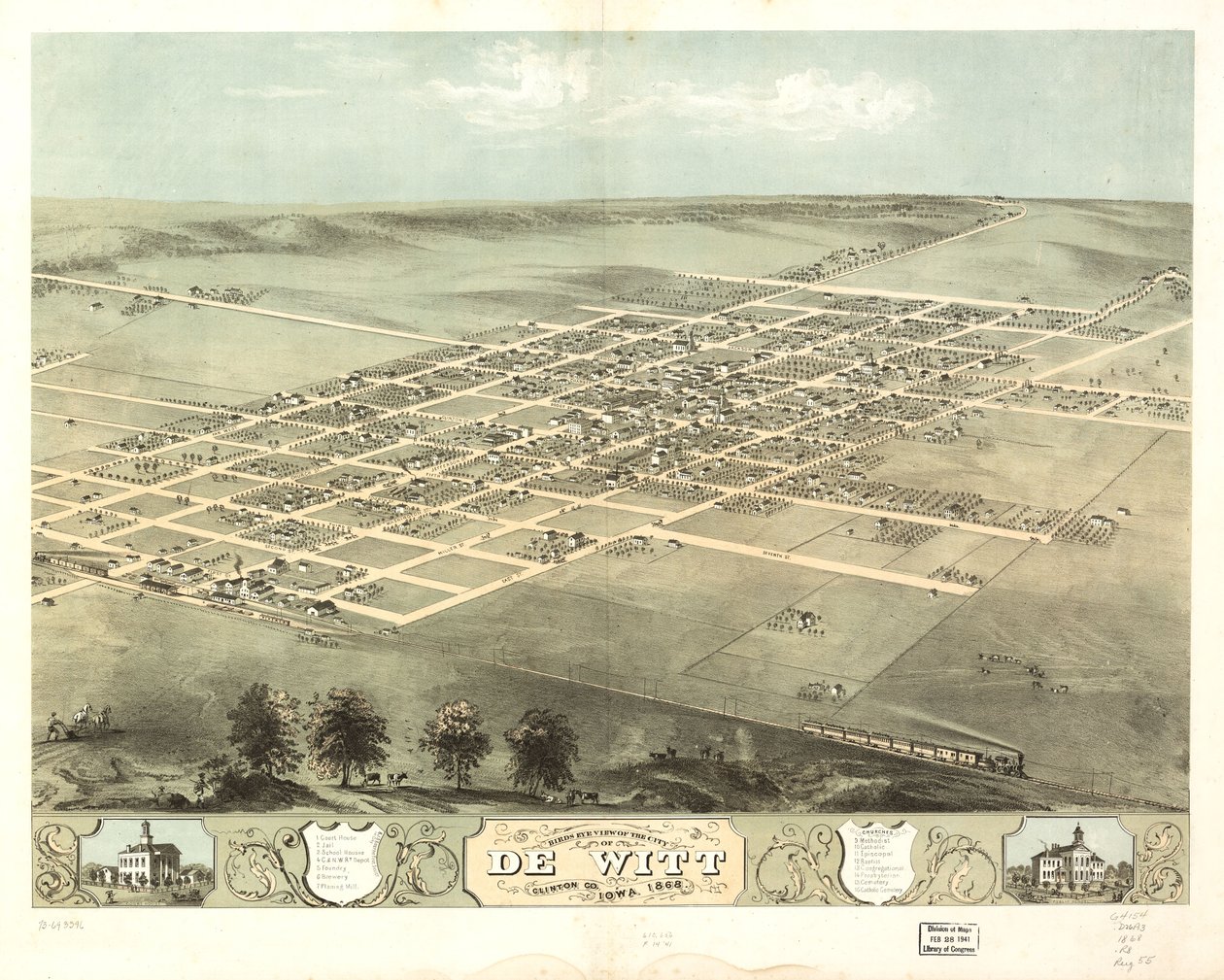 Widok z lotu ptaka na miasto De Witt, Clinton Co., Iowa 1868. LOC 73693396 autorstwa A. Ruger