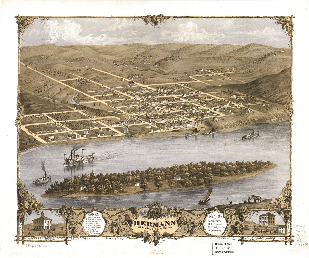 Widok z lotu ptaka na miasto Hermann, Gasconade Co., Missouri 1869. LOC 73693476 autorstwa A. Ruger