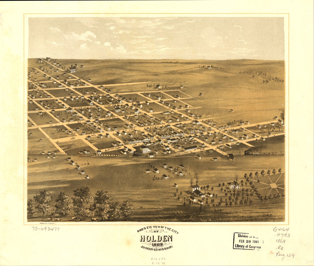 Widok miasta Holden z lotu ptaka, Johnson Co., Missouri, 1869. LOC 73693477 autorstwa A. Ruger