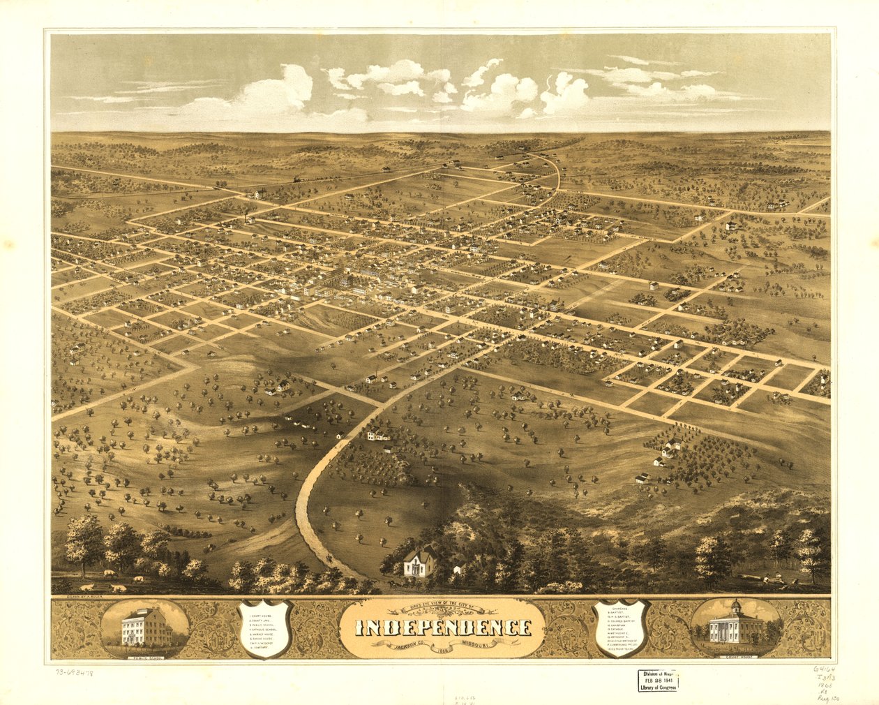 Widok z lotu ptaka na miasto Independence, Jackson Co., Missouri, 1868. LOC 73693478 autorstwa A. Ruger
