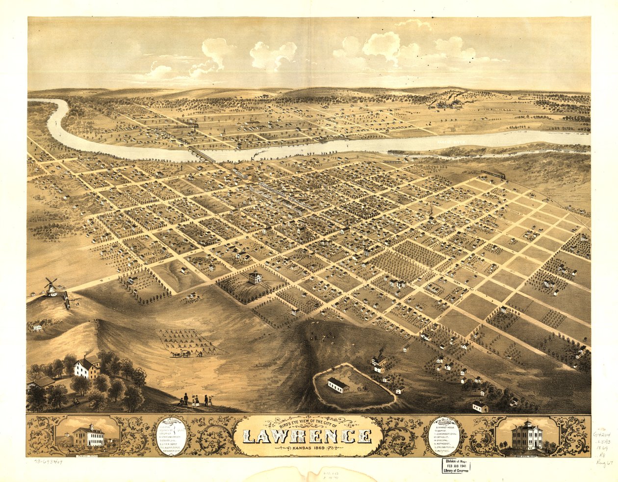 Widok miasta Lawrence w stanie Kansas z lotu ptaka, 1869 r. LOC 73693409 autorstwa A. Ruger
