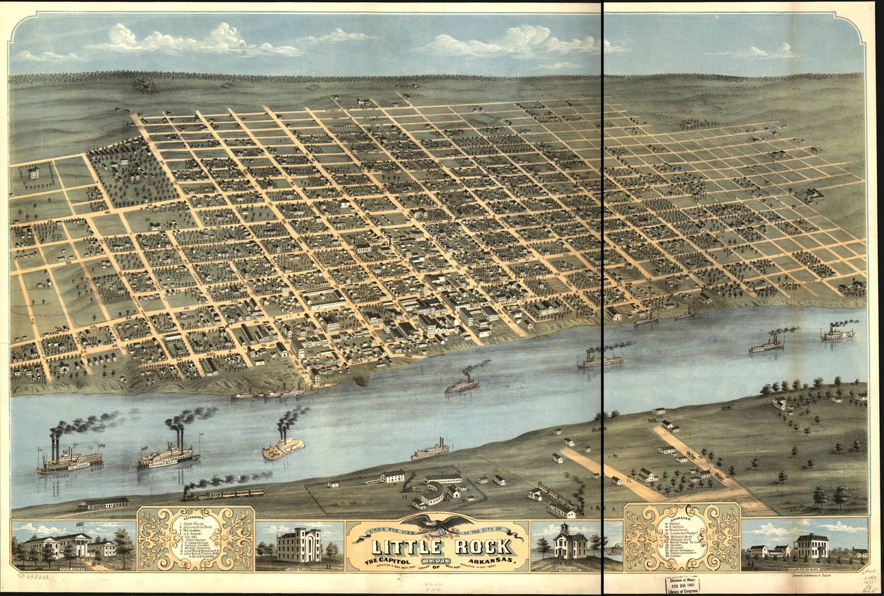 Widok z lotu ptaka na miasto Little Rock, stolicę Arkansas 1871. autorstwa A. Ruger