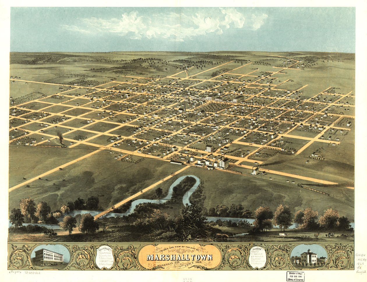 Widok z lotu ptaka na miasto Marshalltown, Marshall Co., Iowa 1868. LOC 73693402 autorstwa A. Ruger