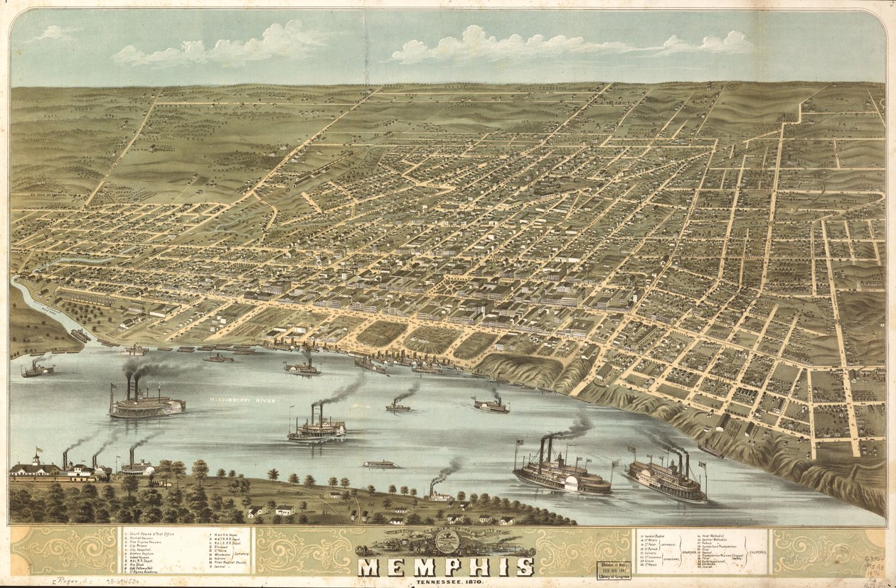 Widok miasta Memphis z lotu ptaka, Tennessee, 1870 r. LOC 73694530 autorstwa A. Ruger